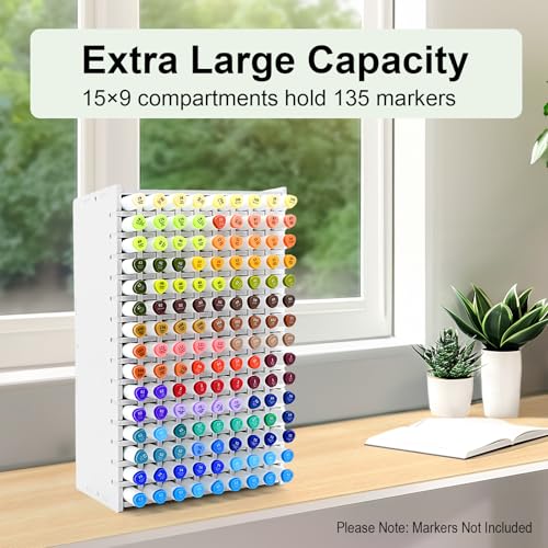Marker Organizer, 135-Slot Marker Holder with Adjustable Dividers | Holds 135 Markers • Adjustable Dividers • Space-Saving Design • Easy Assembly • Home, Office & Classroom - size: 135 Holes