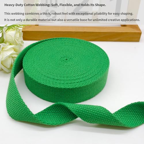 Heavy‑Duty Cotton Webbing Strap 1''x6yds Green for Bags | 2mm thick webbing for dog collars, backpack, bag handles, apron straps, slings, sewing repairs & DIY craft projects. - color: Green