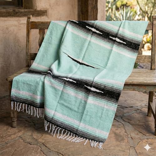 Open Road Goods Mexican Diamond Blanket - XL Heavyweight Yoga Blanket – Handmade in Mexico - Thick Boho Serape Saltillo Style Throw for Beach, Picnic, Home, Camping and More! (Mint & Black) - color: Mint & Black