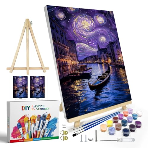 JOOZ Paint by Numbers Kit for Adults with Frame, Starry Night Paint by Numbers with Easel, DIY Town River Boat Paint by Numbers Landscape for Home Wall Decor 8 x 12 Inch - color: Starry Night