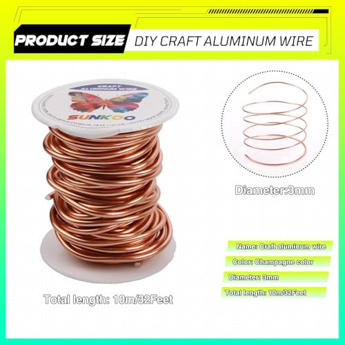 Aluminum Craft Wire,8 Gauge (3mm) Champagne Bendable Wire,32 Feet Continuous Roll for Jewelry Making,Sculpting,Floral & Armature Projects - size: 8 Gauge 32FT, style: Champagne