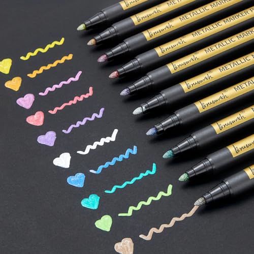 Brusarth Metallic Marker Pens,Medium Point Markers for Rock Painting | Metallic Marker Pens for Black Paper,Scrapbooking Crafts, Card Making,DIY Photo Album,Ceramic, 10 Pack