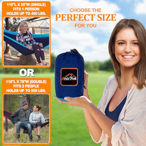 AnorTrek Camping Hammock, Super Lightweight Portable Parachute Hammock with Two Tree Straps Single or Double Nylon Travel Tree Hammocks for Camping Backpacking Hiking - color: Blue&navy, size: Double 118''L x 78''W
