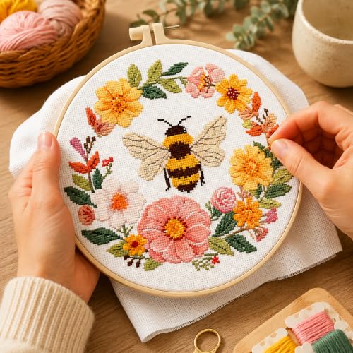 Zhenqing Bee & Flower Garden Cross Stitch Kit for Beginners - 4 Pre-Printed Designs with Hoop, Threads & Complete Tools(68059) - color: Bee Four-Piece Set