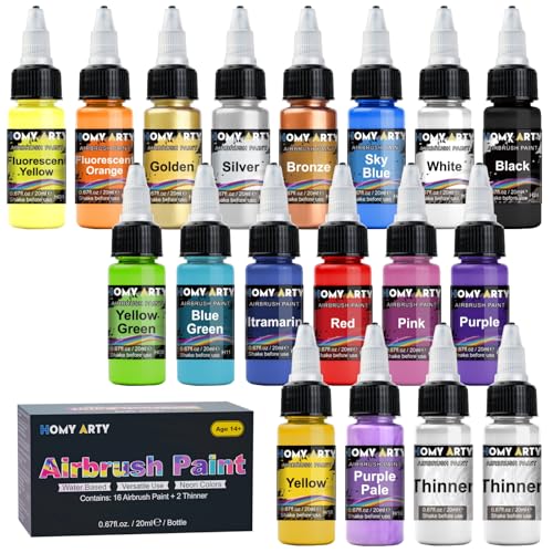 HOMY ARTY Airbrush Paint - 16 Colors with 2 Thinner | Ready to Spray Water-Based, Acrylic Air Brush Paints for Metal, Plastic Models, Canvas, Wood - 18 Bottles - color: 16 Colors with 2 Thinner