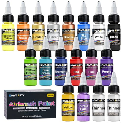 HOMY ARTY Airbrush Paint - 16 Colors with 2 Thinner | Ready to Spray Water-Based, Acrylic Air Brush Paints for Metal, Plastic Models, Canvas, Wood - 18 Bottles - color: 16 Colors with 2 Thinner