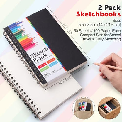 5.5" x 8.5" Mini Sketch Book 2 Pack, Spiral Bound, 100Gsm Paper | 50 Sheets Each, Acid-Free Paper, Top Spiral, Lays Flat, Clean Tear-Out Pages, For Kids Students Beginners - size: 5.5x8.5