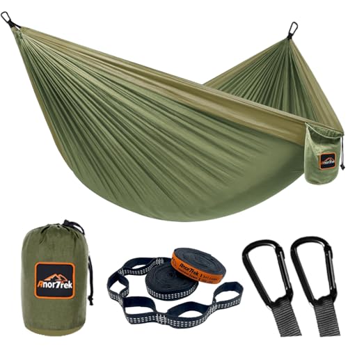AnorTrek Camping Hammock, Super Lightweight Portable Parachute Hammock with Two Tree Straps Single or Double Nylon Travel Tree Hammocks for Camping Backpacking Hiking - color: Army Green&khaki, size: Single 110''L x 55''W