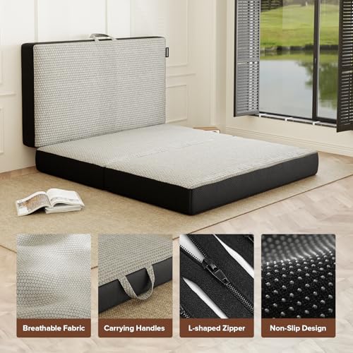 ROXGOX Memory Foam Trifold Mattress, 6 Inch King Foldable Mattress, Portable Floor Bed with Washable Cover, Handle & Non-Slip Bottom, for RV, Travel, Camping, Yoga, 80"x76"x6" - size: King, style: 6 Inch-Grey