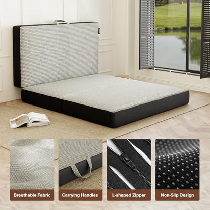ROXGOX Memory Foam Trifold Mattress, 6 Inch King Foldable Mattress, Portable Floor Bed with Washable Cover, Handle & Non-Slip Bottom, for RV, Travel, Camping, Yoga, 80"x76"x6" - size: King, style: 6 Inch-Grey