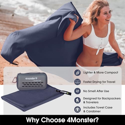 4Monster Quick Dry Travel Towel with Case & Carabiner – Super Absorbent Microfiber Gym & Camping Towel. Compact, Lightweight, Fast Drying for Beach, Swimming, Hiking, Backpacking - color: Navy Blue, size: 20.00" x 12.00"