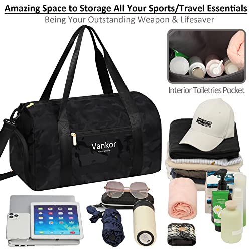 Vankor Gym Bag for Women, 17.5 inch Sports Duffle Bag with Shoe Compartment - color: Camo Black