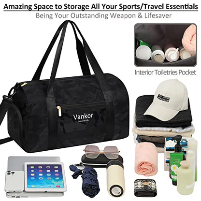 Vankor Gym Bag for Women, 17.5 inch Sports Duffle Bag with Shoe Compartment - color: Camo Black