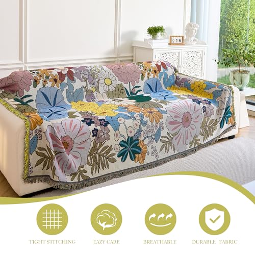 VANJOROY Boho Throw Blanket for Couch Cover, 100% Handwoven Cotton Southwestern Farmhouse Floral Decor Reversible Blanket, All Season Throw for Sofa Bed Tapestry Outdoor Camping Picnic. 91″×98″ - color: Colorful Flower, size: 91″×98″