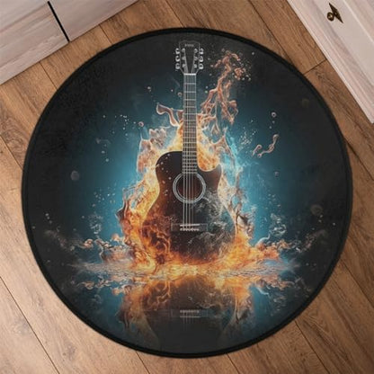 Electric Guitar Music Round Area Rug 3Ft Fire Guitar Circle Floor Mat - color: Guitar, size: 3 ft