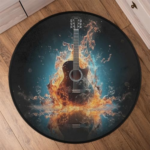 Electric Guitar Music Round Area Rug 5Ft Fire Guitar CircleCarpet Floor Mat - color: Guitar, size: 5 ft