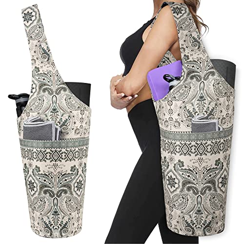 Yoga Mat Bag - Long Tote with Pockets - Holds More Yoga Accessories - Yoga Bag Fit Most Size Mats - Yoga Mat Carrier - color: Indian Floral