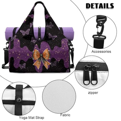 Yoga Gym Bag with Removable Adjustable Shoulder Strap, Shoe Compartment & Top Yoga Mat Holder 17.72x8.66x9.84in - color: Halloween Butterfly Bow Print