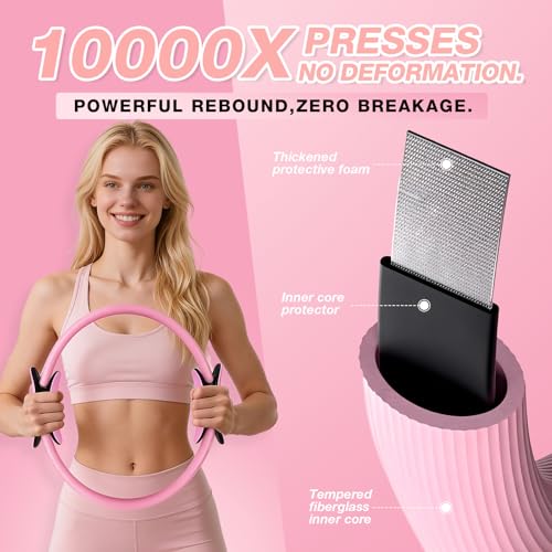 Pilates Ring Set for Women, Pilates Equipment Set, Pilates Kit for Home Workouts with Resistance Bands, 12'' Magic Circle, Mini Ball, Toning and Flexibility, Non-Slip Socks, 13 Pack Total, Pink