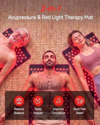 FliKEZE 2-in-1 Acupressure Mat with Red Light Therapy for Body Home Use | FSA&HSA Eligible, 230 LEDs 660nm&850nm Infrared Light with Timer, 4600 Acupressure Points Relaxation for Back, Neck and Sleep
