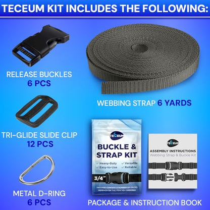 TECEUM 3/4" Nylon Strap Kit with Buckles, Charcoal 6 yards Repair Set | Heavy duty hardware kit: 6yd webbing, 6 quick release buckles, 12 tri-glide slide clips, 6 metal D-rings for crafting. - color: Charcoal, size: 3/4" - 6 yards, style: 6 Buckle - 12 Sl