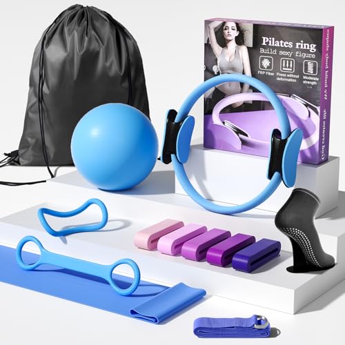 Pilates Kit for Women,15 Inch Magic Circle, 6 Multi-Level Resistance Bands,Yoga Ball Socks, Back Neck Stretcher ,14-Piece Full Body Toning Pilates Equipment for Beginners, 15 Min Daily Routine - color: Blue