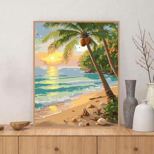 ZRIZQ Beach Paint by Numbers Kit for Adults Beginner,Landscape,16x20 | Full set with rich paints,wooden brushes,rolled canvas.Calming activity.Beginner friendly.Just open and paint. - color: 16"X20"Rolled Canvas-Beach 3