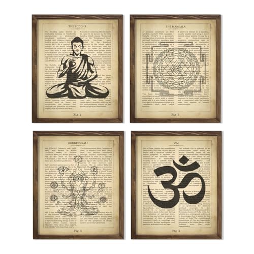 Vintage Yoga Definition Art Print Set Featuring Seated Buddha Goddess Kali Om Symbol Mandala for Yoga Studio Zen Meditation Decor, Buddhism Hindu Spiritual Accent, Home Office Nursery Bedroom Living Area Entryway Wall Art, Young Yogi Practitioner Teacher