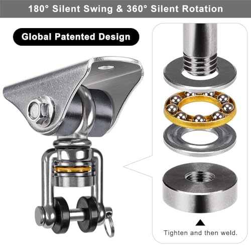 SELEWARE Silent Swing Hangers Stainless Steel Bearing Swing Hook 2 Pack | 360° Swivel Swing Hardware Ceiling Mount for Porch Swing Hammock Chair Aerial Yoga Silks Punching Bag 1000 LB Capacity - color: Silver ( 2 Pack 360° Bearing Swing Hanger )