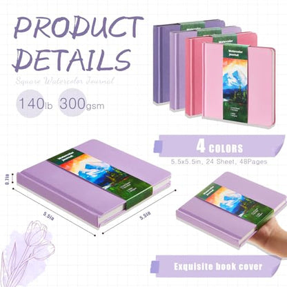 Mooliwe 4 Pcs Watercolor Travel Journal Watercolor Sketchbook Painting 5 x 5 Inch 300 GSM Cotton Cold Press Notebook for Painter Beginner Graduation Gift(Pink Purple) - color: Pink Purple