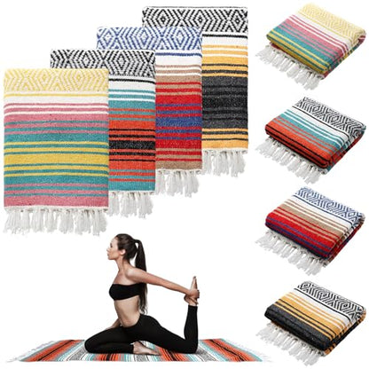 Preboun 4 Pcs Large Mexican Yoga Blanket Pack 45 x 70 Inch Thick Woven Camping Picnic Beach Car Travel Throw Blanket Outdoor Patio Mat Towel - color: Yellow, Blue, Orange Green, Pink Blue