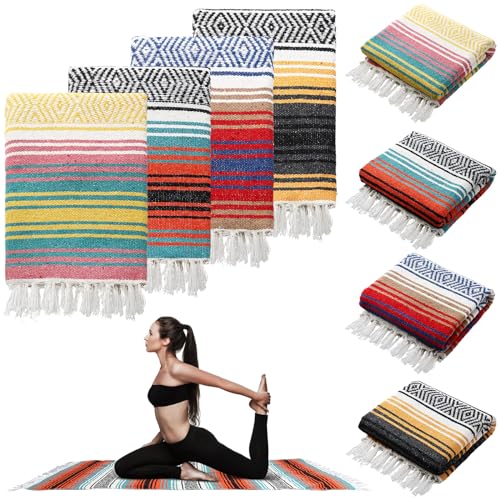 Preboun 4 Pcs Large Mexican Yoga Blanket Pack 45 x 70 Inch Thick Woven Camping Picnic Beach Car Travel Throw Blanket Outdoor Patio Mat Towel - color: Yellow, Blue, Orange Green, Pink Blue