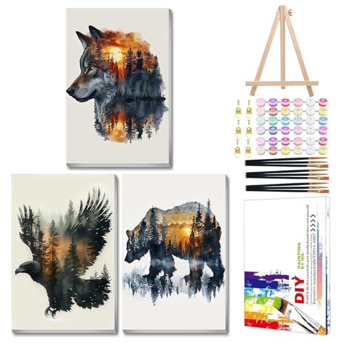 Mandun Animal Paint by Numbers Kit for Adults, 3 Pack, 7.8x11.8 inch | DIY Painting Kits Crafts for Adults, Relieve Stress, Frame Canvas, Wooden Easel, Gift Box, Home Wall Decor - color: 3 Pack Animals