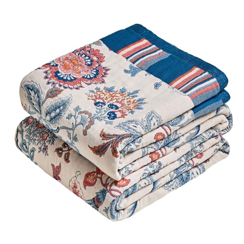 MSGKV Boho Throw Blanket 90"x90" 100% Cotton Farmhouse Butterfly Throw | Floral Pattern, Queen Size Blanket, Muslin Throw, Reversible Woven, Lightweight Comfort, All Season Use, Machine Washable - color: Thorn Flower, size: 90"x90"