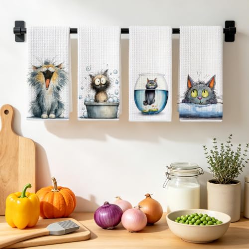 4 Pcs Funny Cat Kitchen Towels, Cute Cats Gifts Reusable Hand Towels-03 - color: Multi 1618