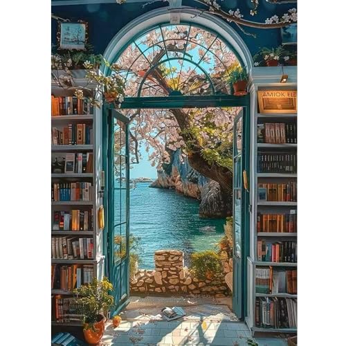 ZQEATRY Bookstore Landscape Diamond Art Kits for Adults,5D Diamond Painting Kits for Beginners,DIY Full Round Drill Gem Art with Diamond Dots for Adults Home Wall Decor 12x16inch - color: XJ125