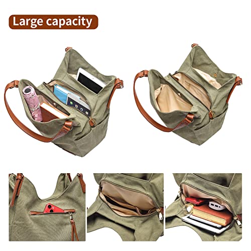 Worldlyda Women Canvas Hobo Purse Multi Pocket Tote Shopper Shoulder Bag Casual Top Handle handbag with Embroidery Ethnic - color: Be06army Green