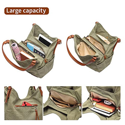 Worldlyda Women Canvas Hobo Purse Multi Pocket Tote Shopper Shoulder Bag Casual Top Handle handbag with Embroidery Ethnic - color: Be06army Green