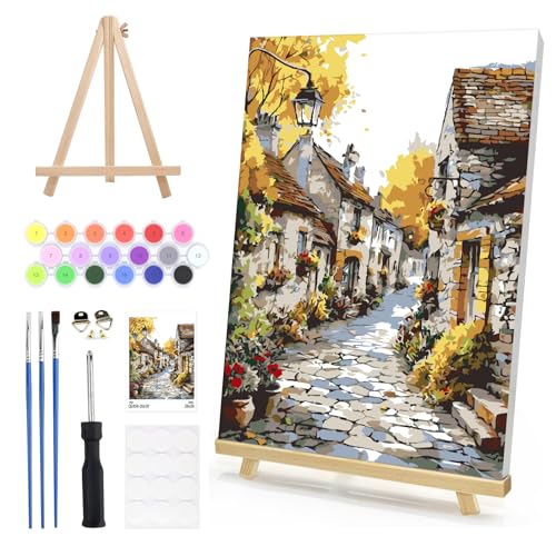 NEWENMO Paint by Numbers Kit for Adults Framed with Wooden Easel, Old Village Street, Adults' Paint-by-Number Kits on Canvas Vintage Style, DIY Oil Painting Kit for Home Wall Decor 8x12 Inch - color: yellow-landscape004
