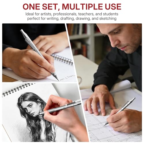 WUO Mechanical Pencil Set, 4 Pack 0.5mm & 0.7mm Metal Drafting Pencils | Mechanical pencils with 480 HB leads, eraser pen, 4B erasers, case for technical drawing, sketching, writing & school - color: Silver+Grey