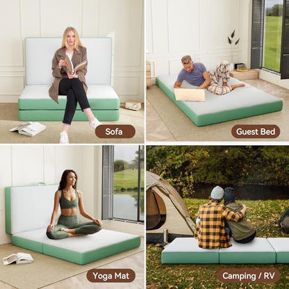 ROXGOX Memory Foam Trifold Mattress, 6 Inch Queen Foldable Mattress, Portable Floor Bed with Washable Cover, Handle & Non-Slip Bottom, for RV, Travel, Camping, Yoga, 78"x58"x6", White Green - size: Queen, style: 6 Inch-White