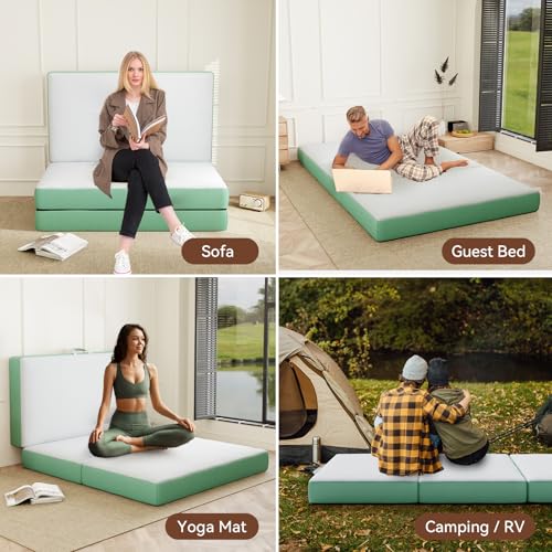 ROXGOX Memory Foam Trifold Mattress, 6 Inch Queen Foldable Mattress, Portable Floor Bed with Washable Cover, Handle & Non-Slip Bottom, for RV, Travel, Camping, Yoga, 78"x58"x6", White Green - size: Queen, style: 6 Inch-White