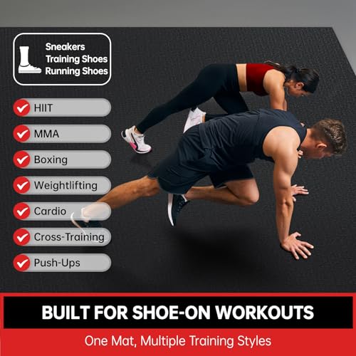 GymCope Large Exercise Mat for Home Workouts, 12x6/10x6/9x6/8x6/7x5/6x4 ft | (7mm) Extra Thick Workout Mat, High-Density Gym Mat for Cardio, Jump Rope, MMA, Weights (Shoe-Friendly) - color: 6'*4'Black