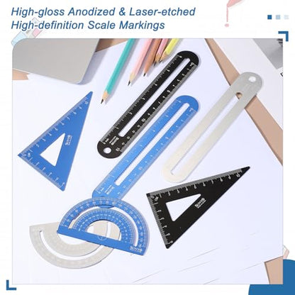 HARFINGTON 4pcs Triangular Ruler Set 15cm/6" Aluminum Alloy Straight Geometric Protractor Triangle Engineering Scale Drafting Ruler Kit Measuring Drawing Tool for Classroom Home, Silver White - color: Silver White