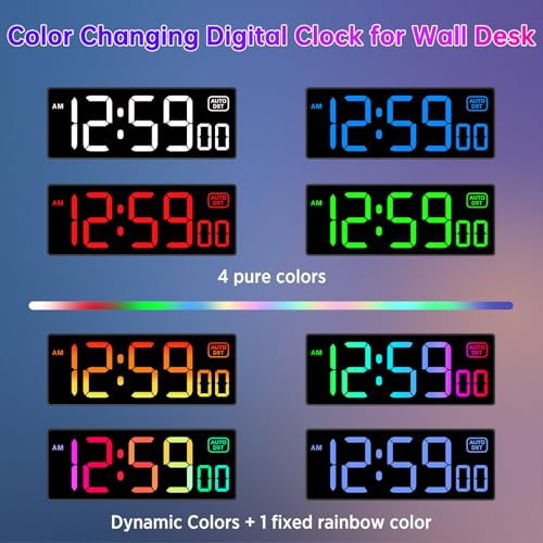 Soobest Large LED Digital Wall Clock 8 RGB Color Changing Display | Corded Plug Electric Digital Clock with Seconds for Living Room Bedroom Desk Table Office Gym, 5 Dimmers, Auto DST, 10 Inches - color: 10.2" Multicolor