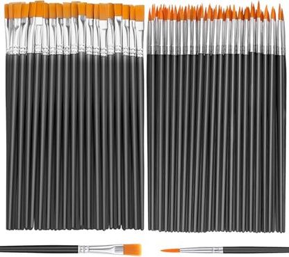 AROIC Small Paint Brushes Bulk,110 Pcs Nylon Hair Paint Brushes Black | with Flat and Round Pointed Acrylic Paint Brush Set,Craft Oil Watercolor Face Artist and Kids Painting Kits - color: Black, size: 55 Flat + 55 Fine