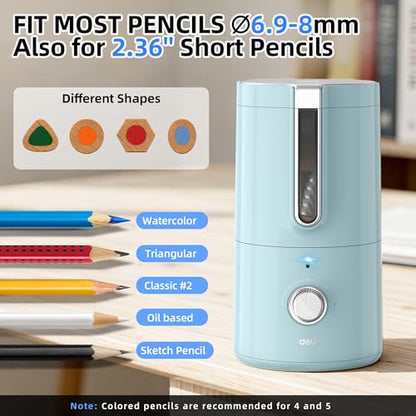 deli Electric Pencil Sharpener, Fully Automatic Pencil Sharpener | for 6.9-8mm Pencils, 5 Sharpness Modes, Rechargeable Hands-Free Sharpener for Classroom Home Office,Blue - color: Blue