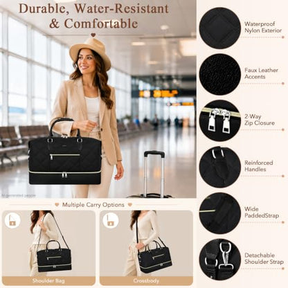 ITIEZY Weekender Bag for Women 21.5" Travel Duffel Large Carry On Bag 3PCS | Nylon Duffel Bag with Waterproof Shoe Compartment, Crossbody Bag and Toiletry Bag, Travel Weekend Hospital Overnight Gym Bag - color: 8c-Black