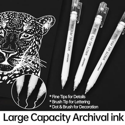 6PCS White Gel Pens for Dark Paper – 3 Fine Gel Pens (1.0mm, 0.8mm, 0.5mm) + 2 Dual-Tip Acrylic Paint Pens + 1 Liquid Ink Brush Pen for Adult Artists Journaling, Illustration, Lettering - style: 6 sizes