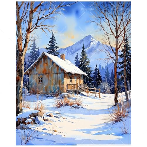 Winter Scene Paint by Numbers Kit for Adults - DIY Rustic Snowy Cabin and Pine Trees Painting on Canvas, Acrylic Paint Set, Suitable for Beginners, Art for Home Decoration or Gifts(12X16IN Framed) - color: HSX00664, size: 12X16IN Framed